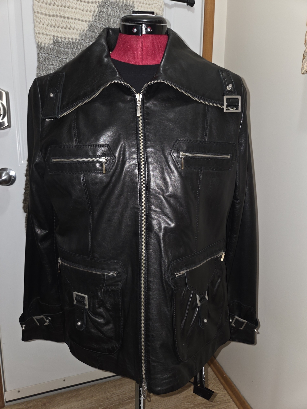 Black Leather Zip-Front Jacket with Buckle Detail